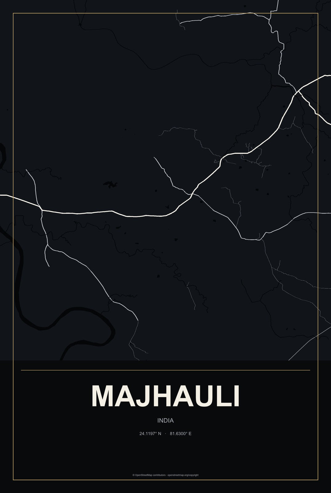 Majhauli, India City Map Aluminum Sign in Metropolitan Noir style