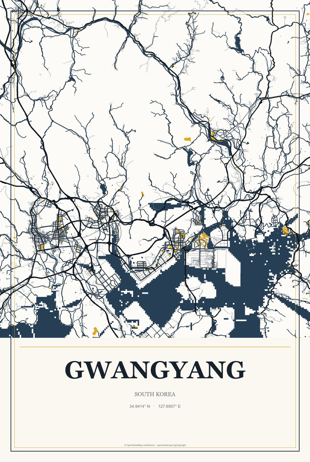 Gwangyang, South Korea City Map Aluminum Sign in Citrine Modern style