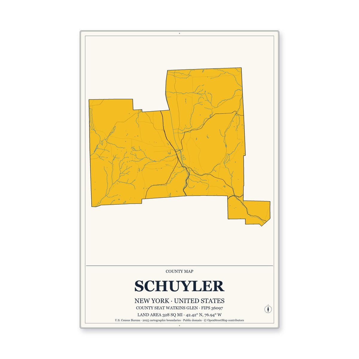 Schuyler County, New York Map Aluminum Sign in Citrine Modern style