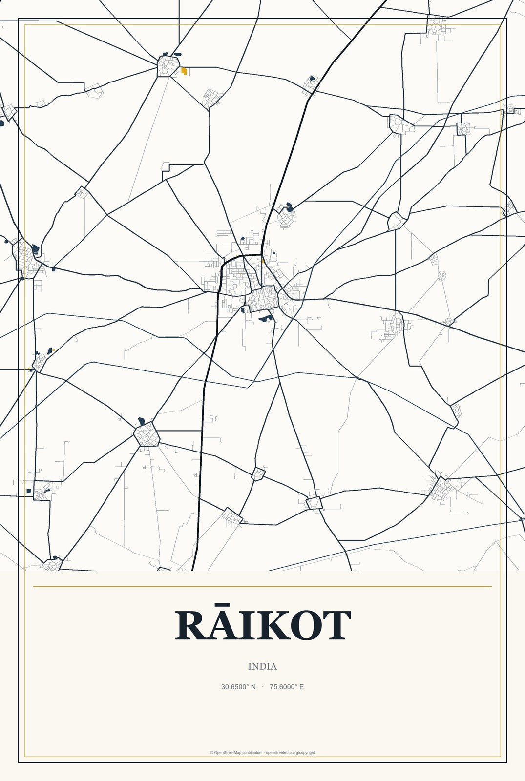 Rāikot, India City Map Aluminum Sign in Citrine Modern style