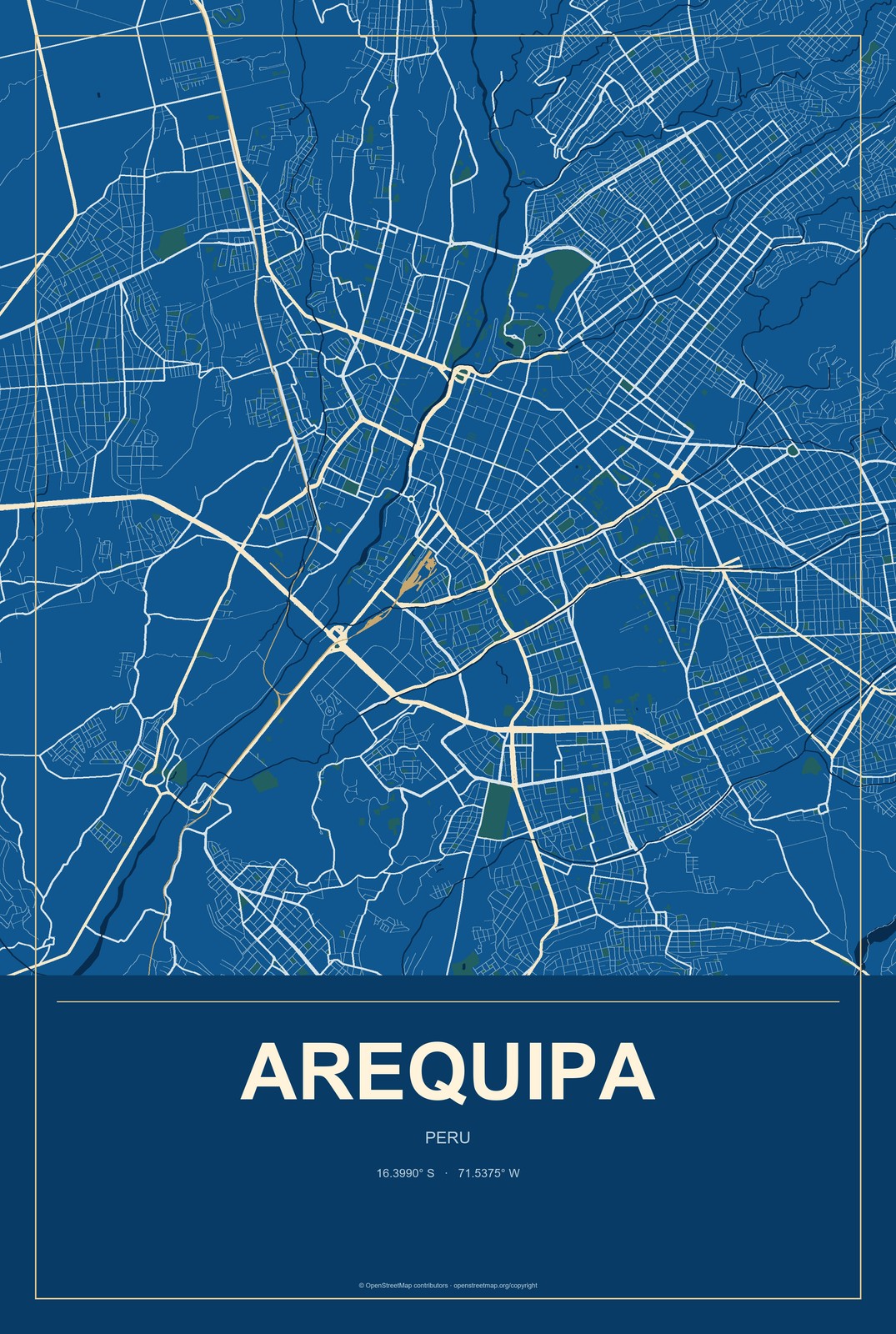 Arequipa, Peru City Map Aluminum Sign in Harbor Cobalt style