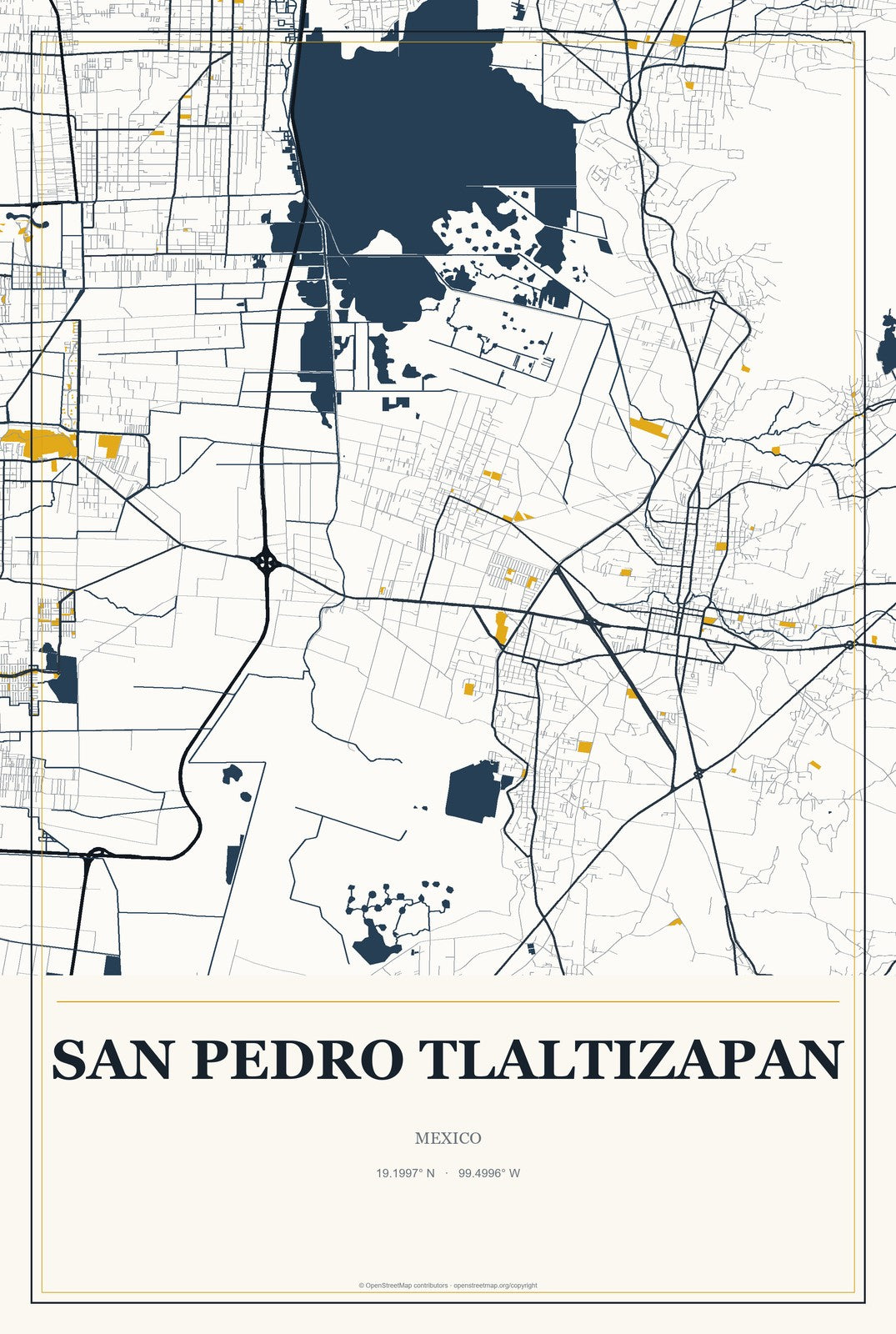 San Pedro Tlaltizapan, Mexico City Map Aluminum Sign in Citrine Modern style