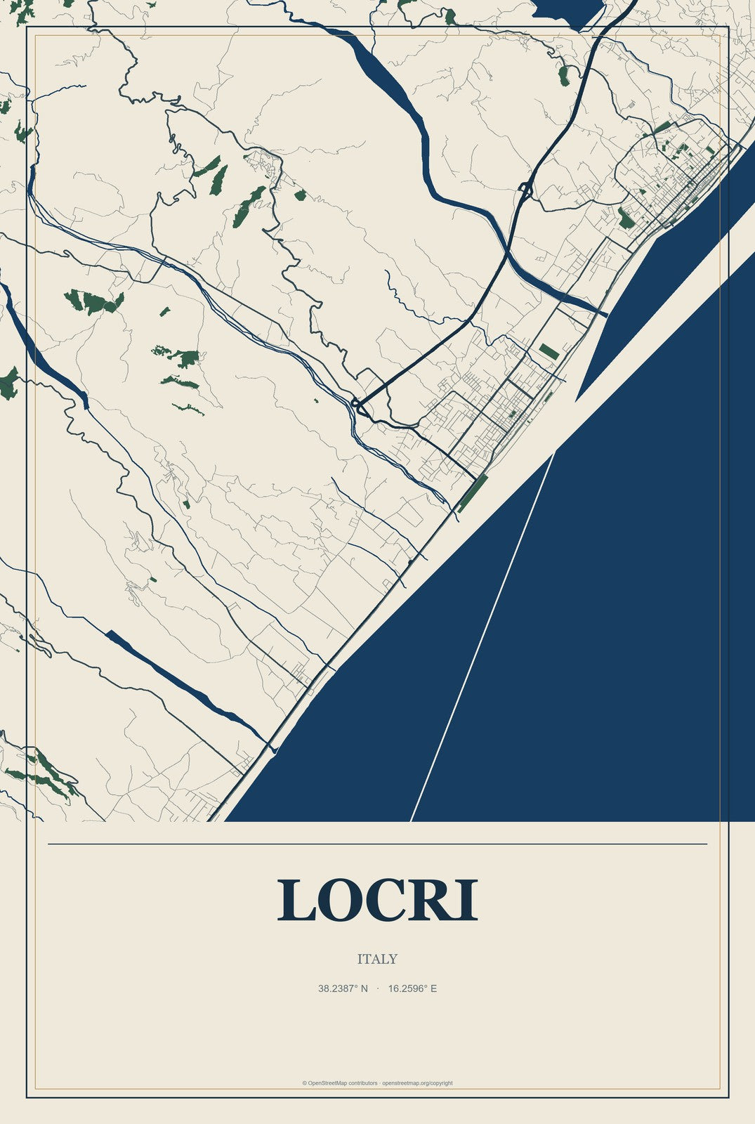 Locri, Italy City Map Aluminum Sign in Coastal Cutout style