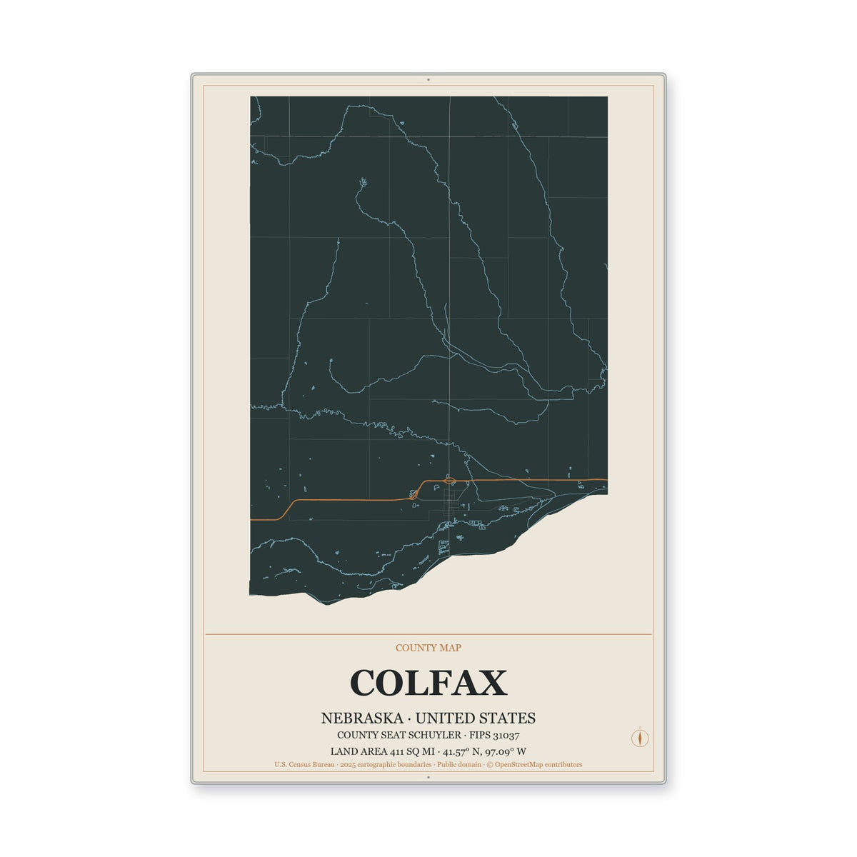 Colfax County, Nebraska Map Aluminum Sign in Headline Atlas style