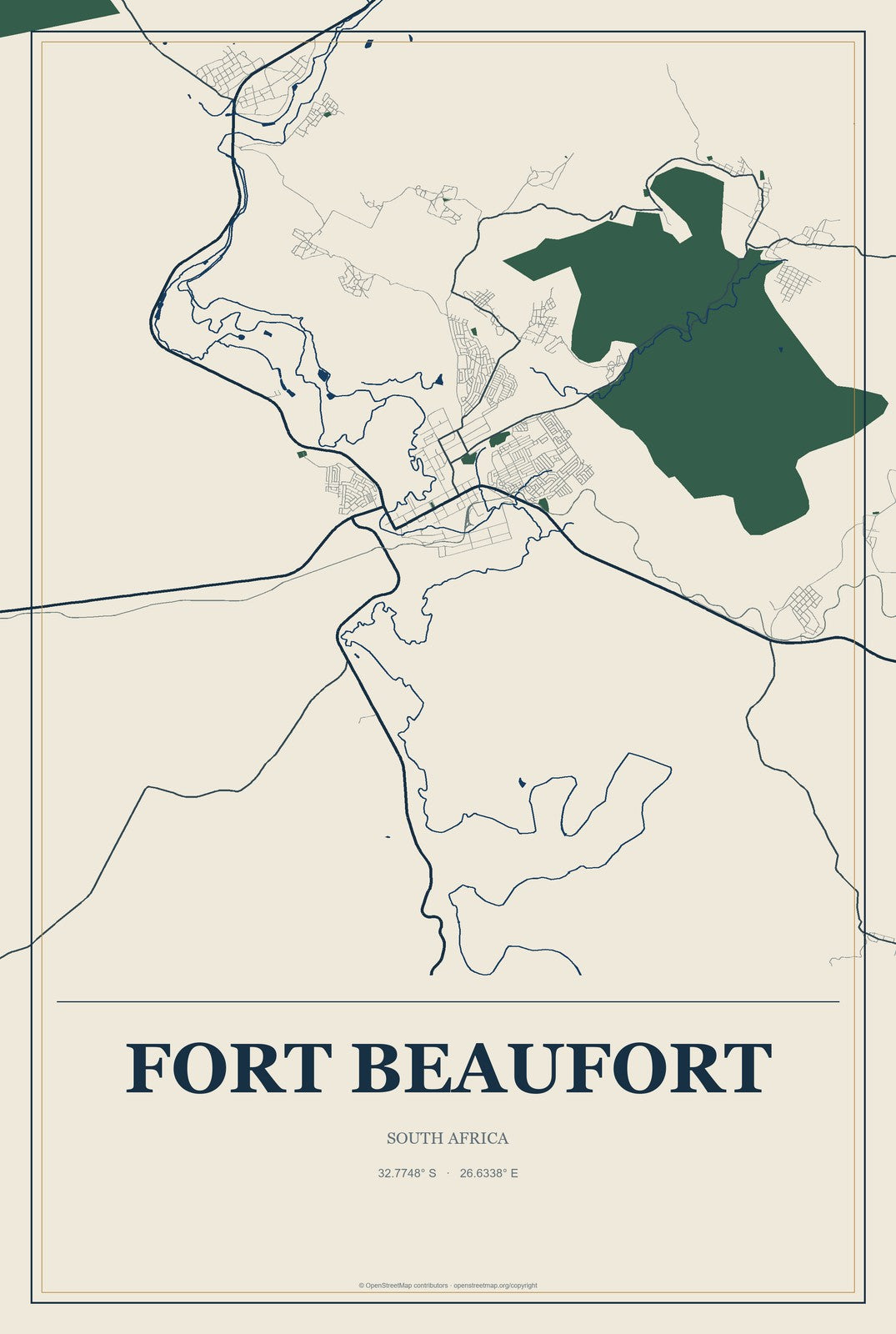 Fort Beaufort, South Africa City Map Aluminum Sign in Coastal Cutout style