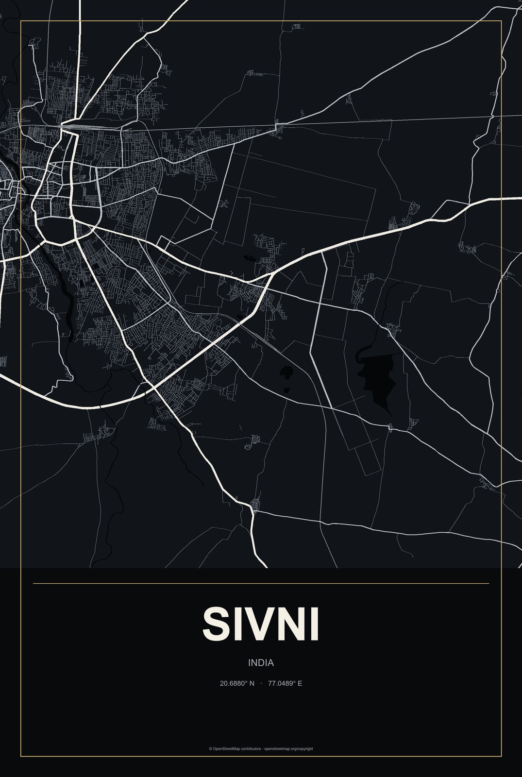 Sivni, India City Map Aluminum Sign in Metropolitan Noir style