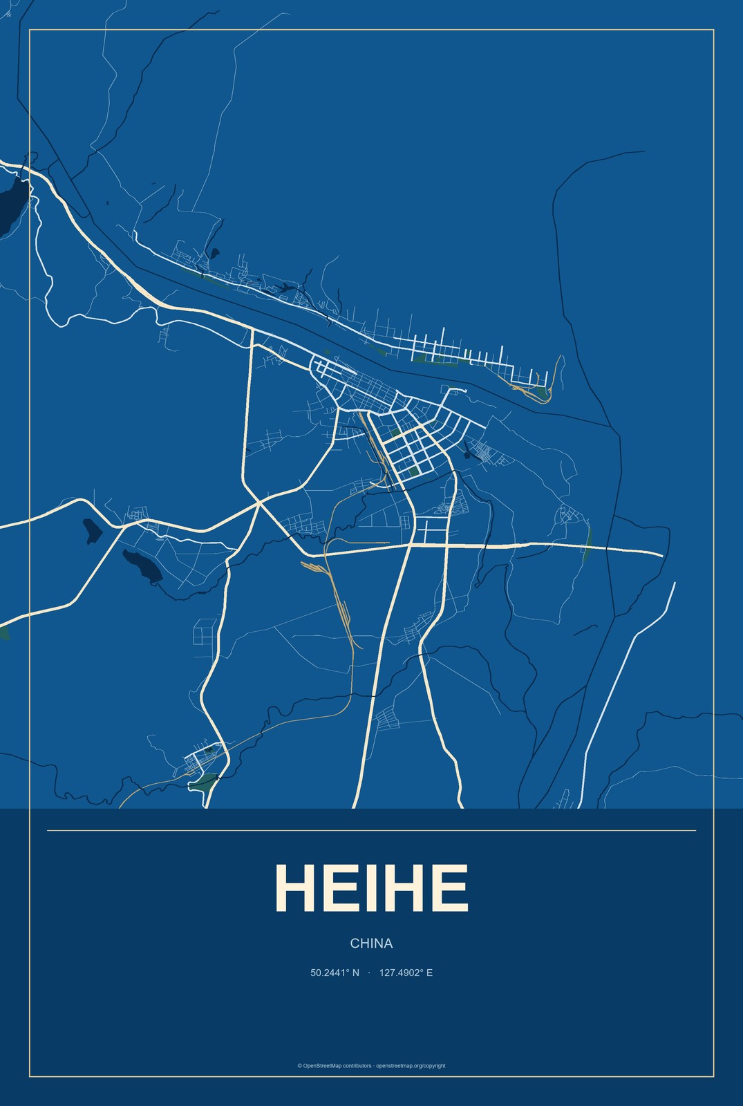 Heihe, China City Map Aluminum Sign in Harbor Cobalt style