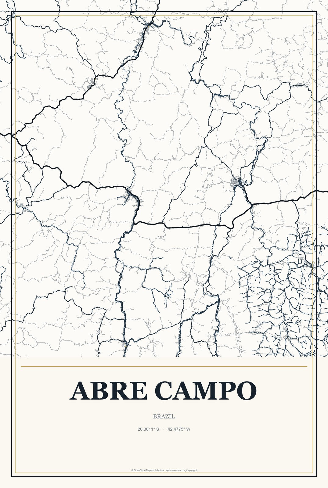 Abre Campo, Brazil City Map Aluminum Sign in Citrine Modern style