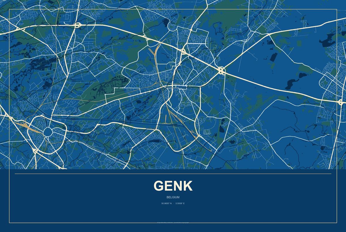 Genk, Belgium City Map Aluminum Sign in Harbor Cobalt style