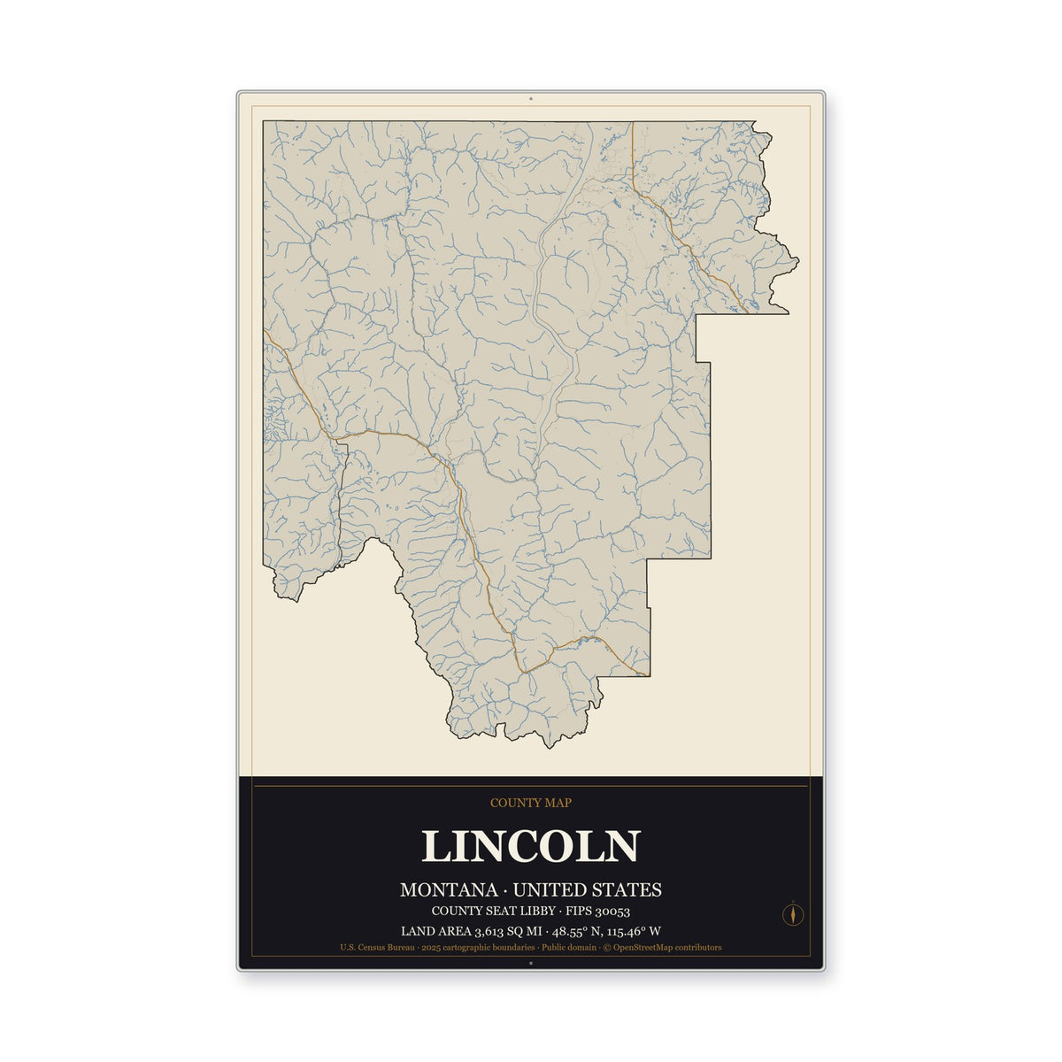 Lincoln County, Montana Map Aluminum Sign in Museum Plaque style