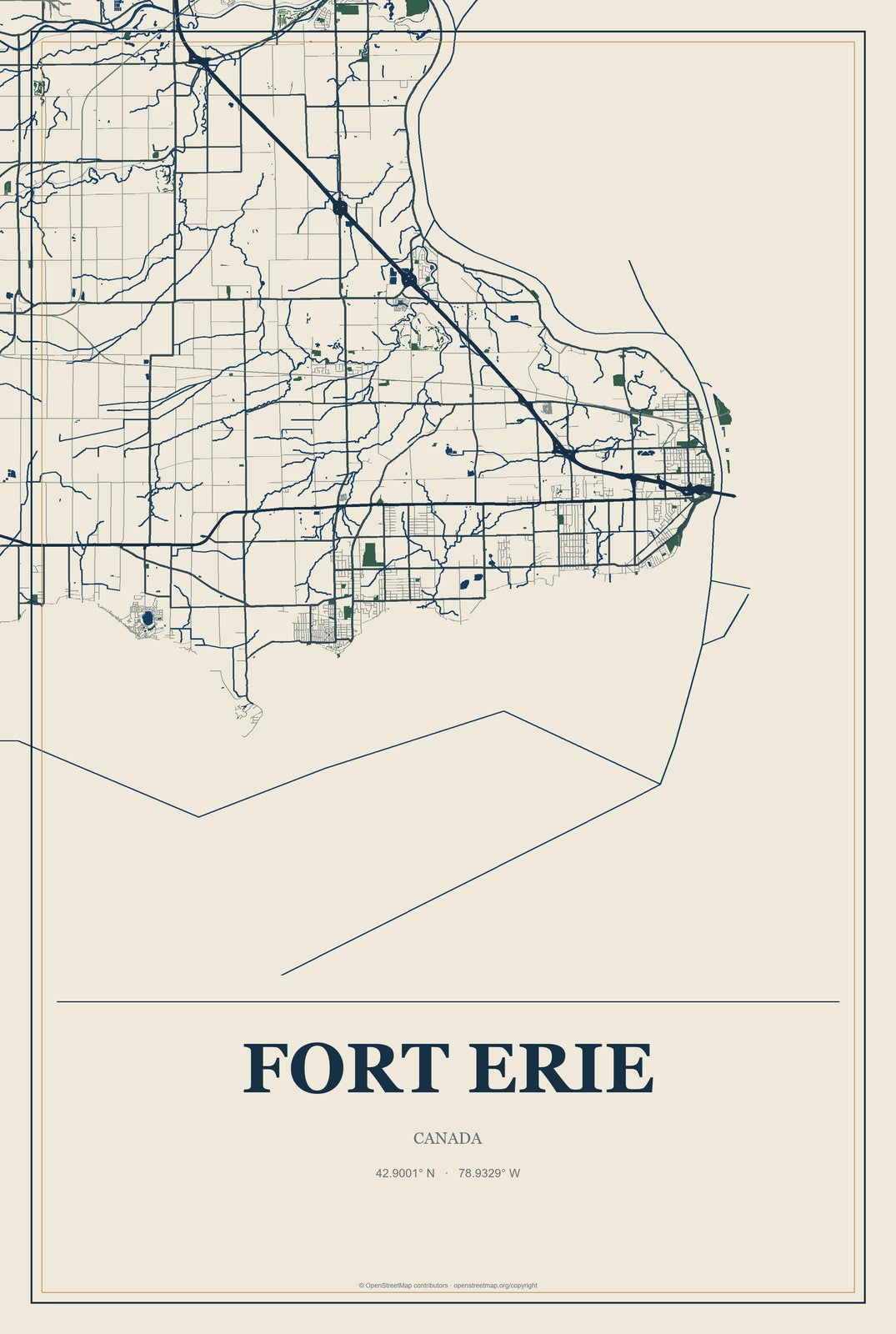 Fort Erie, Canada City Map Aluminum Sign in Coastal Cutout style