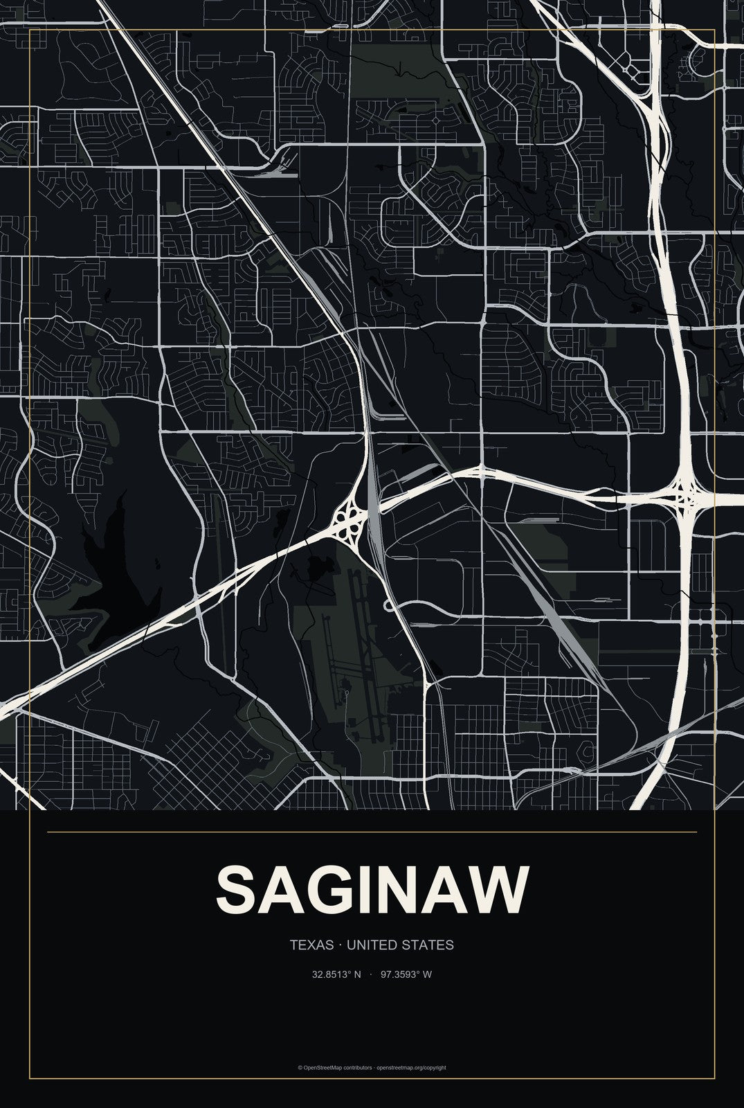Saginaw, Texas City Map Aluminum Sign in Metropolitan Noir style