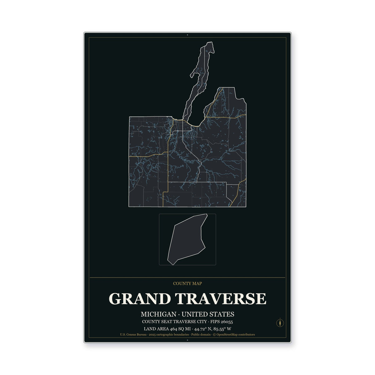 Grand Traverse County, Michigan Map Aluminum Sign in Metropolitan Noir style