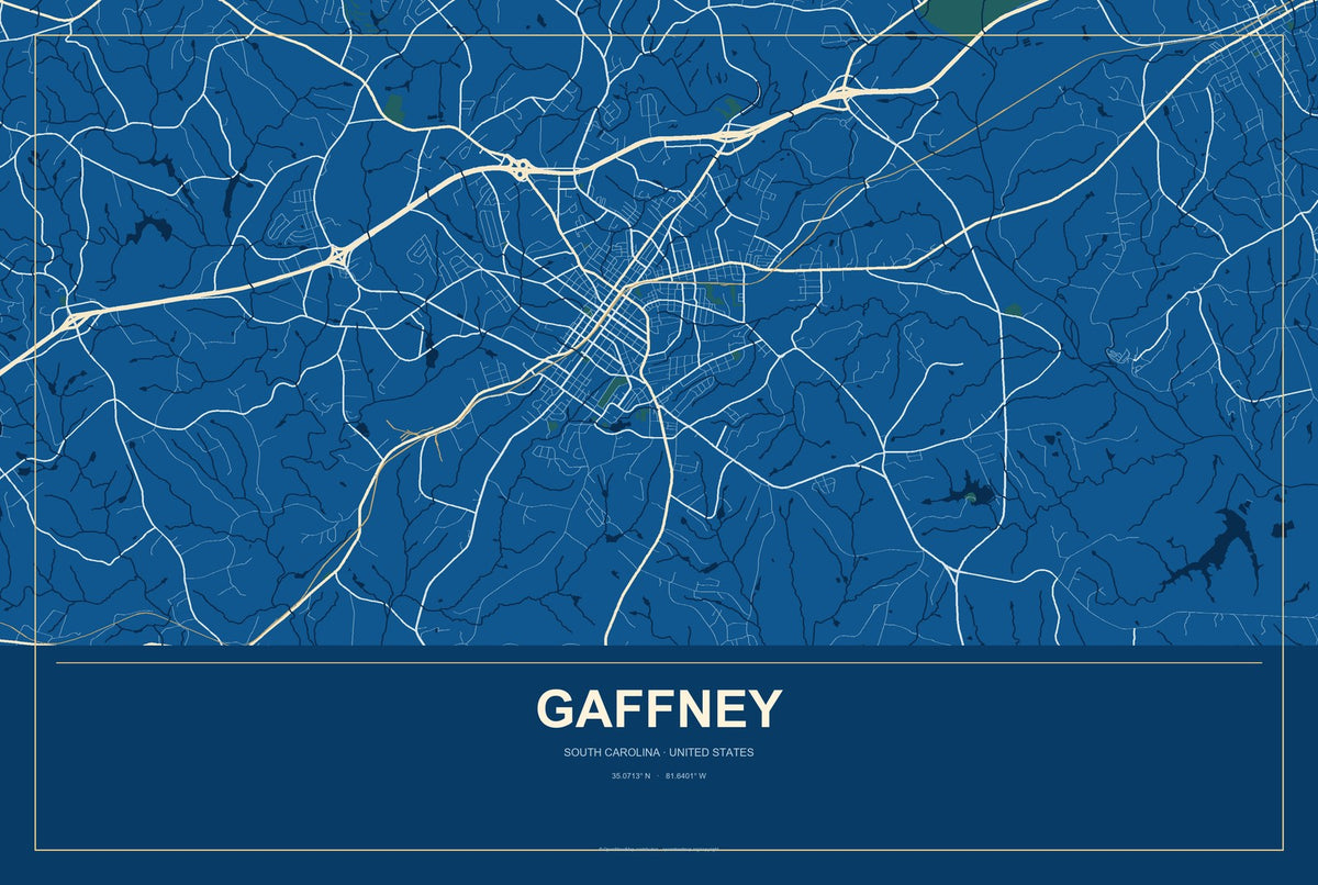Gaffney, South Carolina City Map Aluminum Sign in Harbor Cobalt style