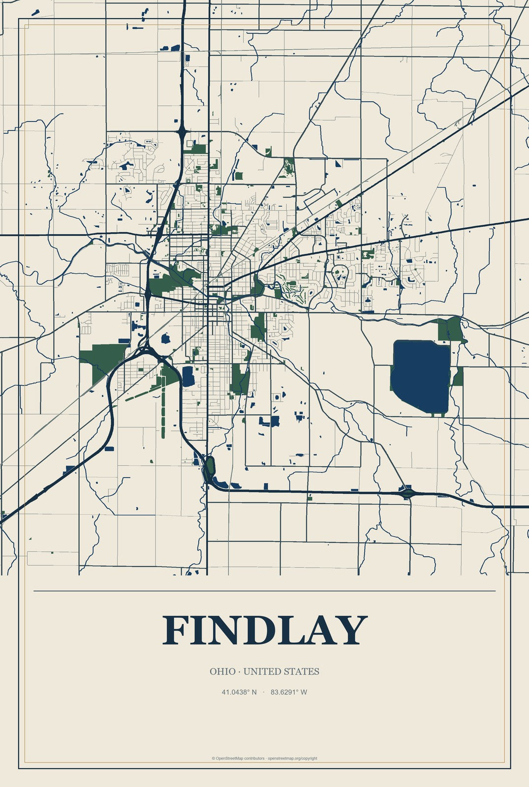 Findlay, Ohio City Map Aluminum Sign in Coastal Cutout style