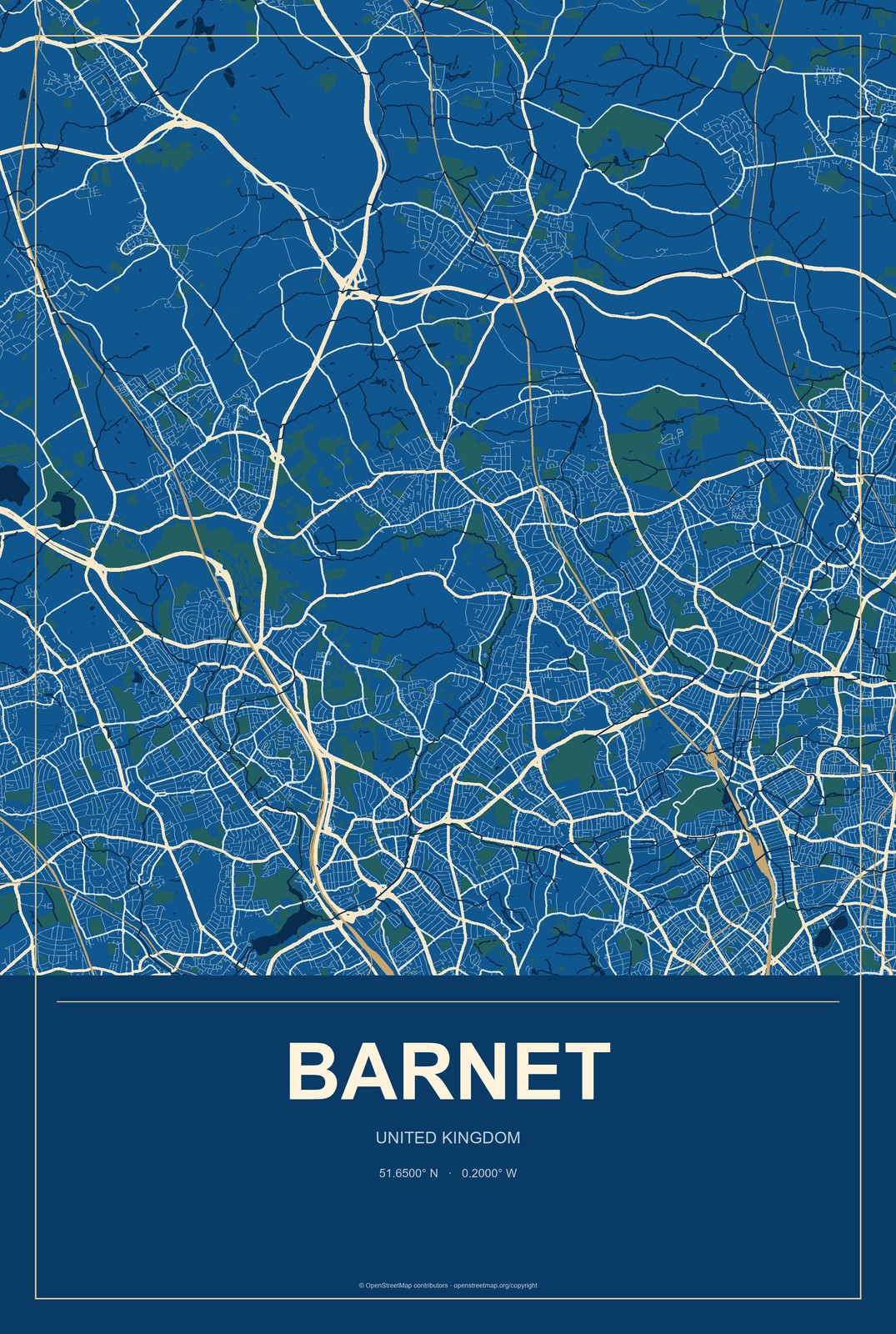 Barnet, United Kingdom City Map Aluminum Sign in Harbor Cobalt style