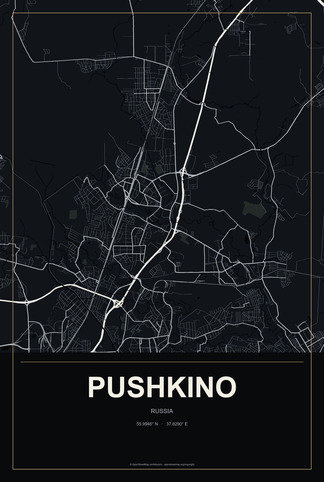 Pushkino, Russia City Map Aluminum Sign in Metropolitan Noir style