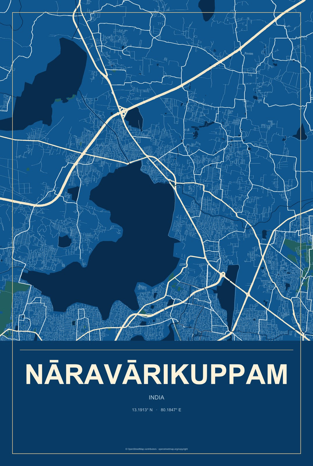 Nāravārikuppam, India City Map Aluminum Sign in Harbor Cobalt style