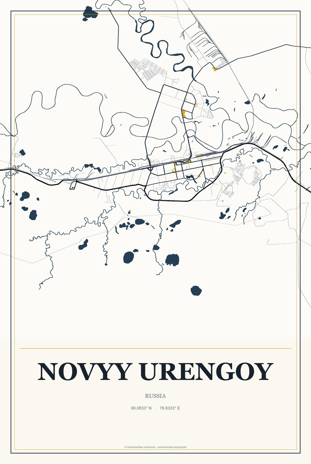 Novyy Urengoy, Russia City Map Aluminum Sign in Citrine Modern style