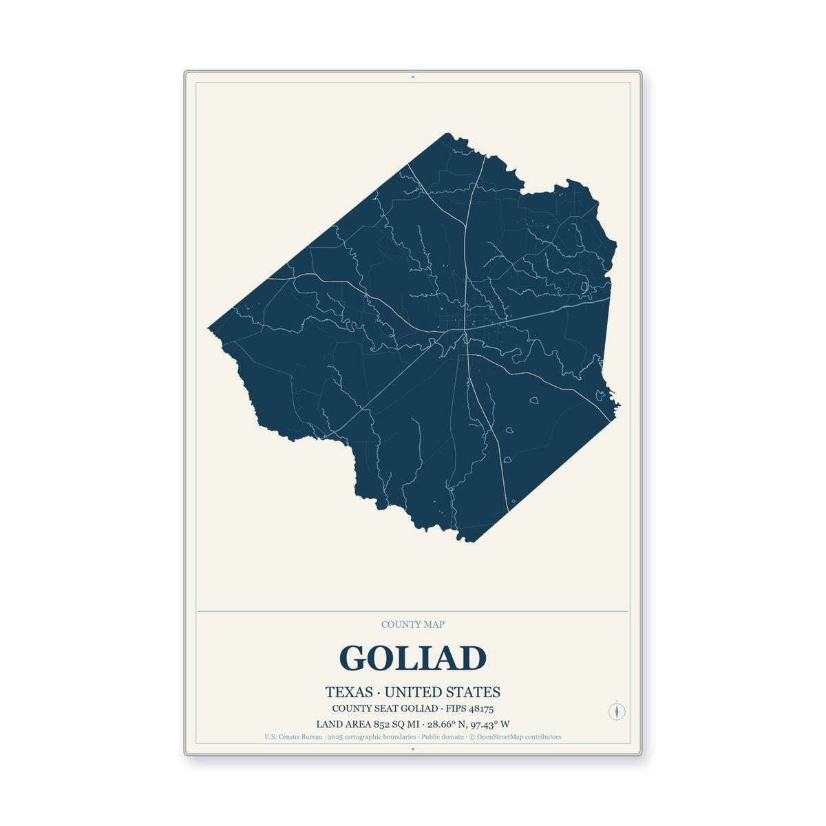 Goliad County, Texas Map Aluminum Sign in Coastal Cutout style