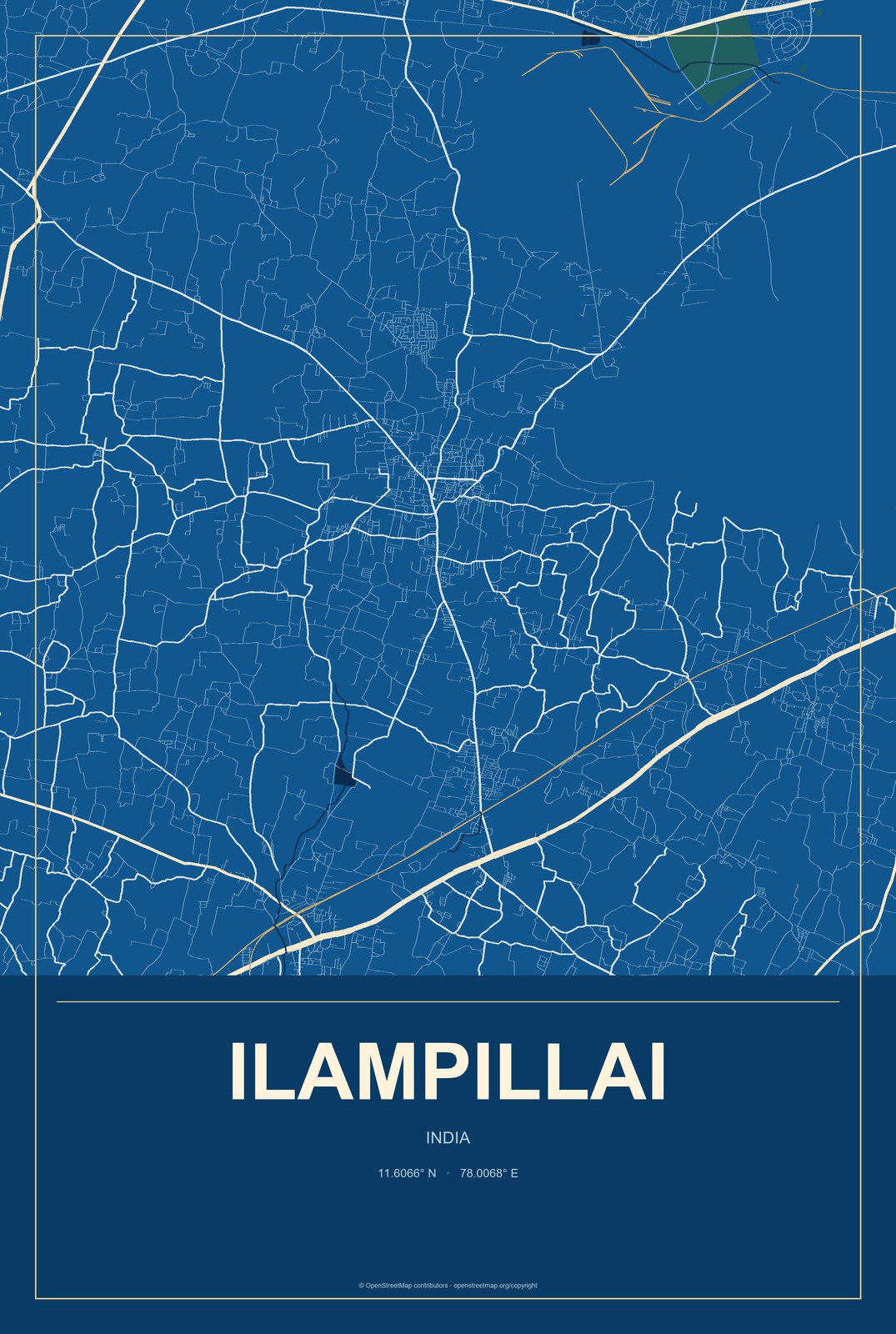 Ilampillai, India City Map Aluminum Sign in Harbor Cobalt style