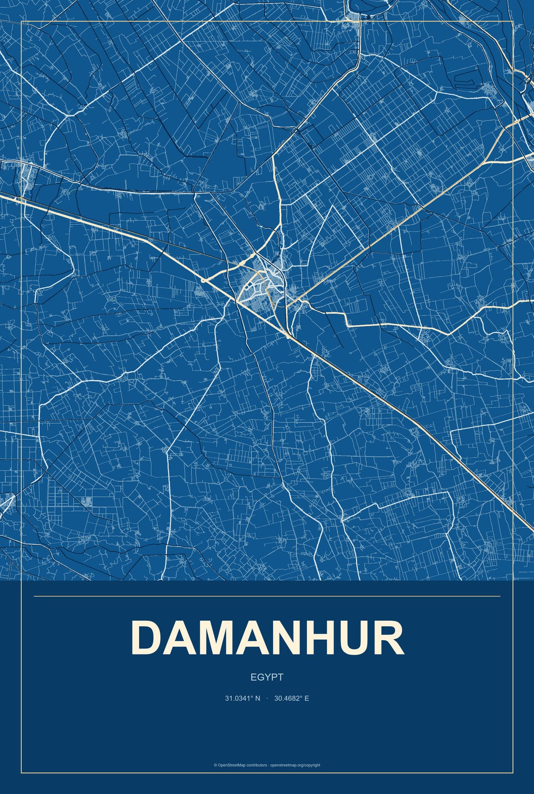 Damanhur, Egypt City Map Aluminum Sign in Harbor Cobalt style