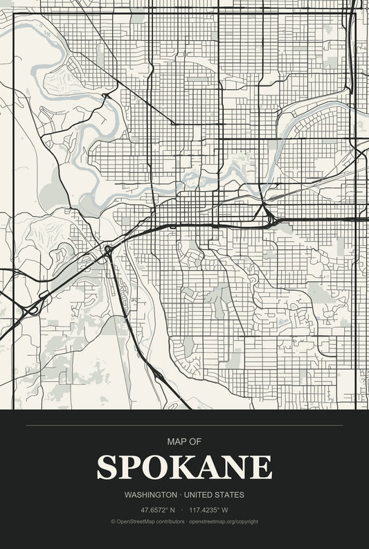 Spokane, Washington City Map Aluminum Sign in Museum Plaque style