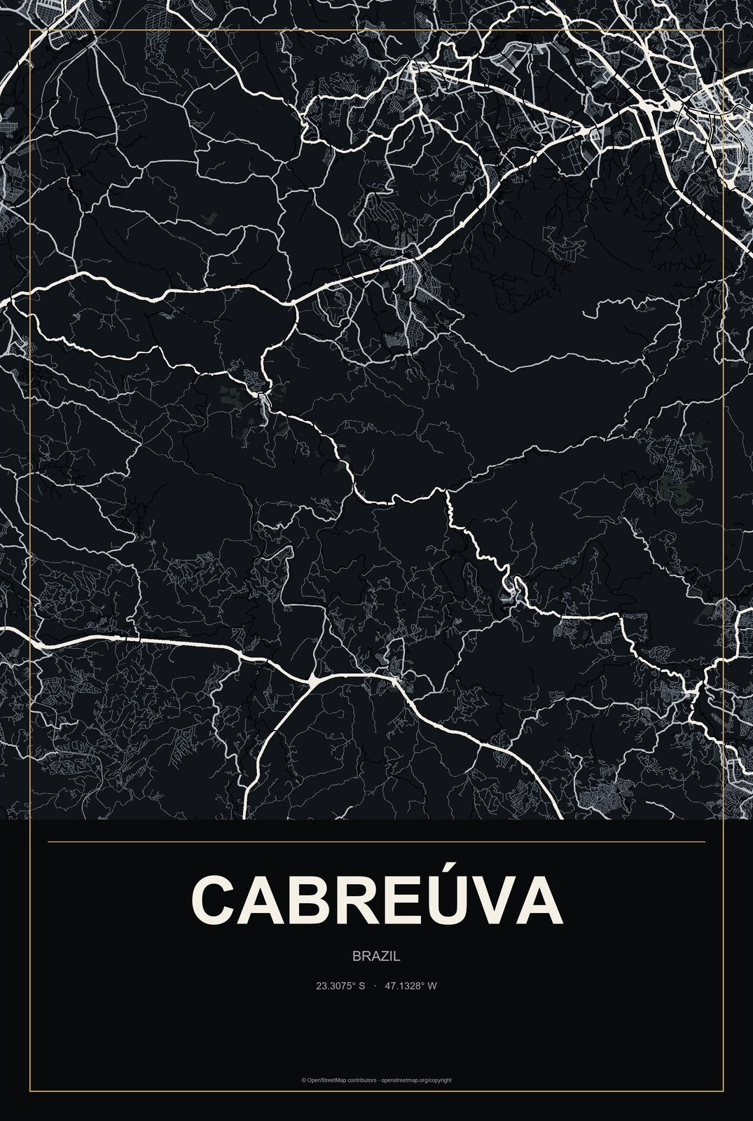 Cabreúva, Brazil City Map Aluminum Sign in Metropolitan Noir style