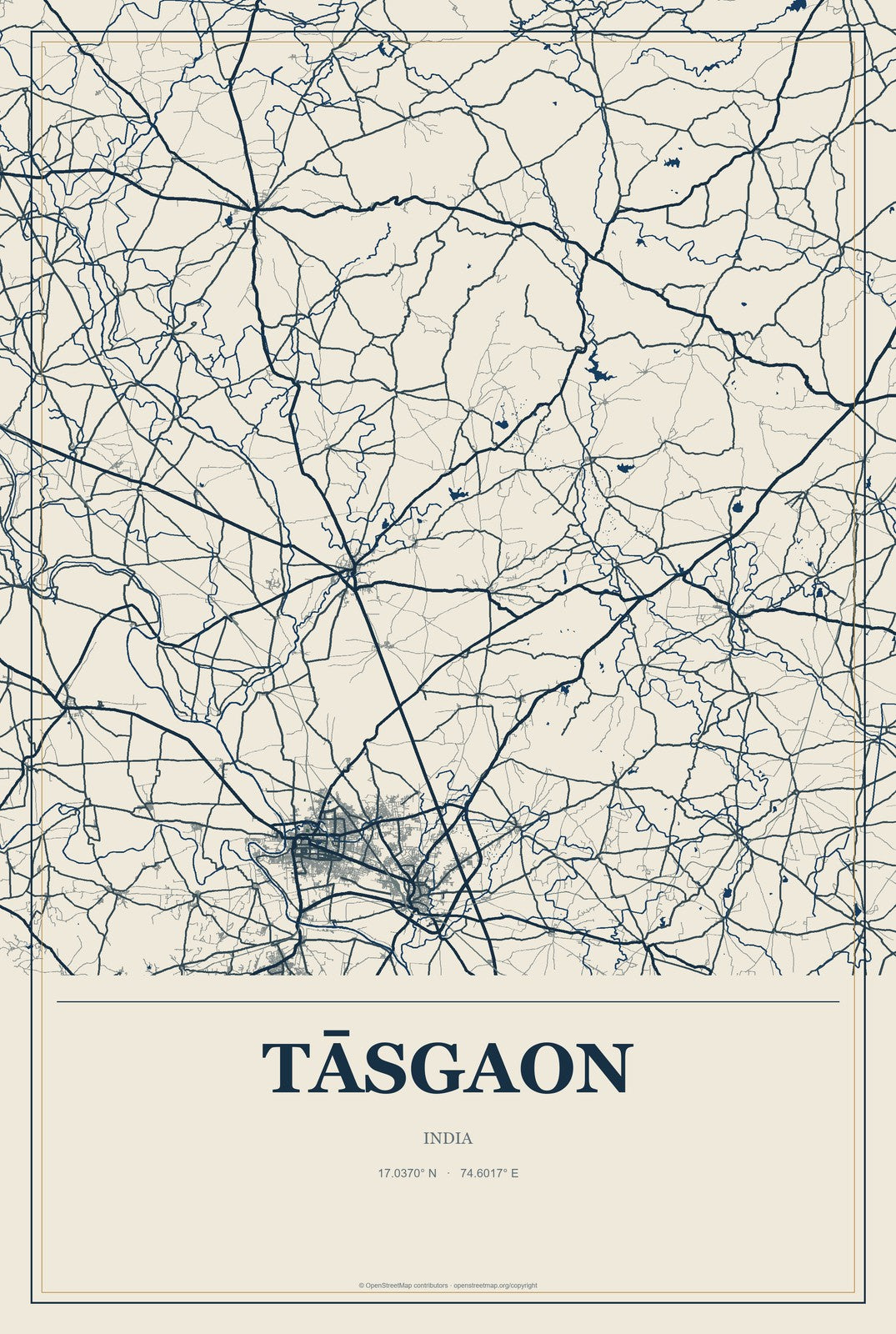 Tāsgaon, India City Map Aluminum Sign in Coastal Cutout style