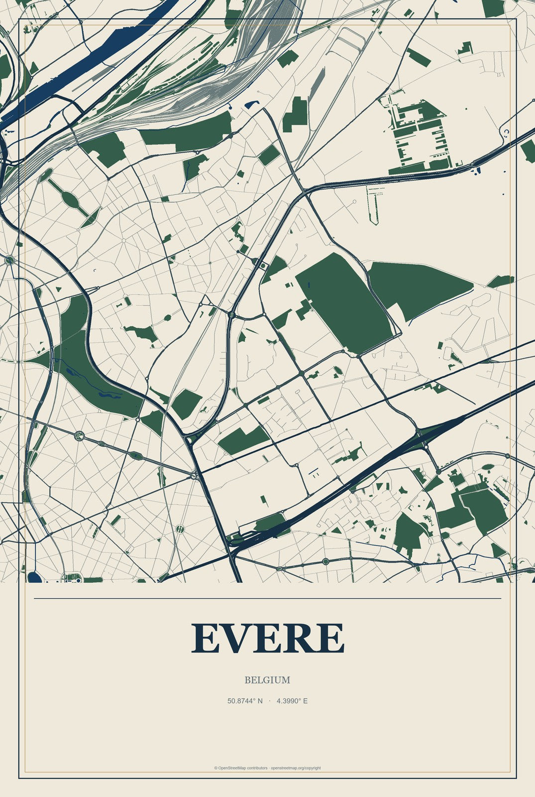 Evere, Belgium City Map Aluminum Sign in Coastal Cutout style