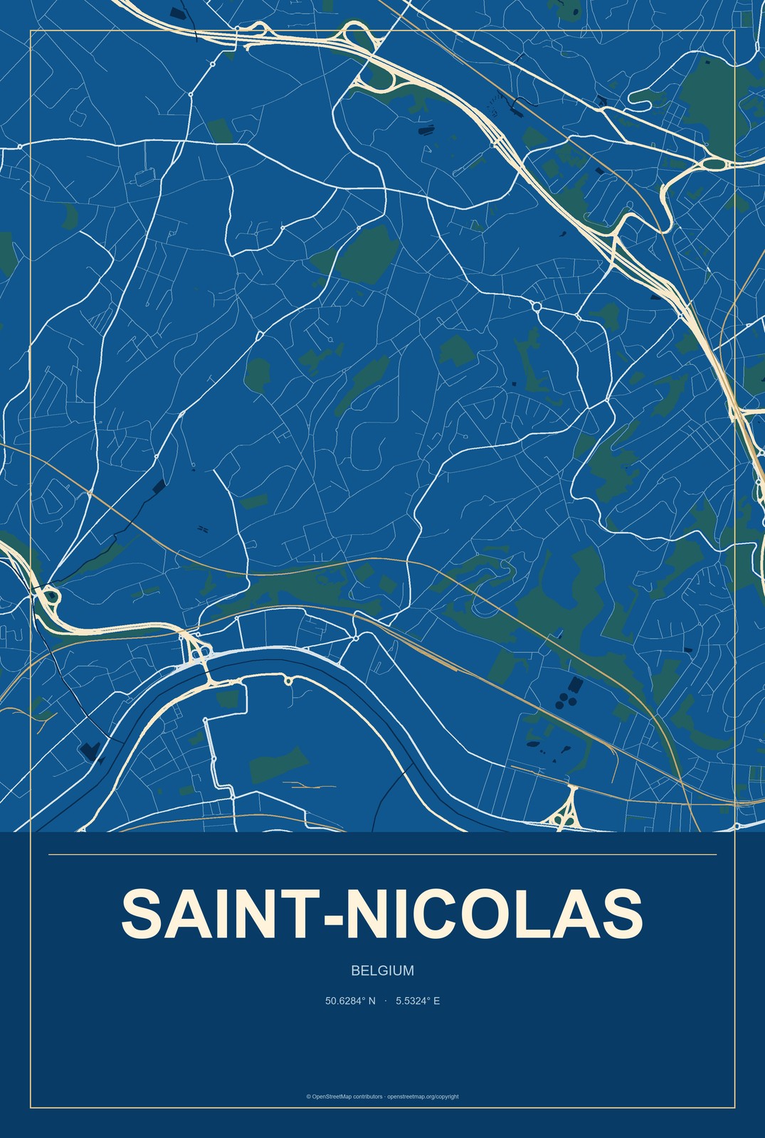 Saint-Nicolas, Belgium City Map Aluminum Sign in Harbor Cobalt style