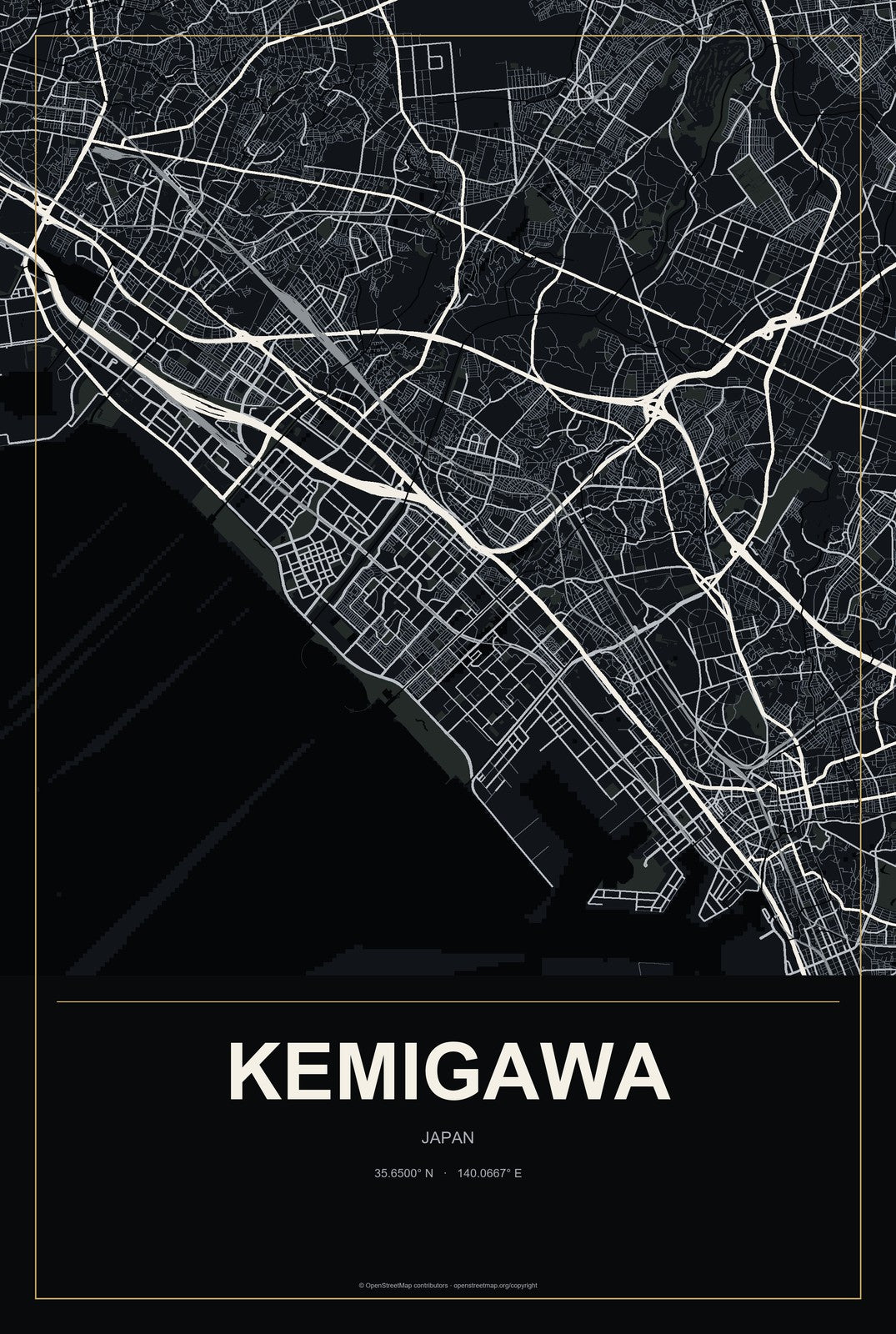Kemigawa, Japan City Map Aluminum Sign in Metropolitan Noir style