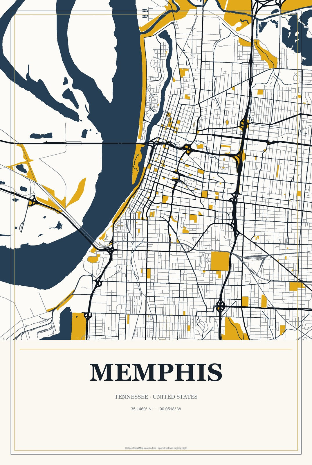 Memphis, Tennessee City Map Aluminum Sign in Citrine Modern style