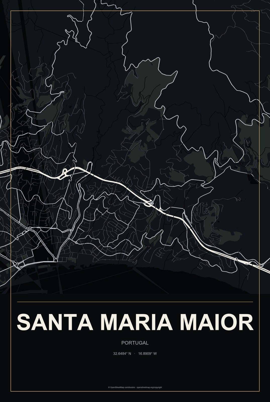 Santa Maria Maior, Portugal City Map Aluminum Sign in Metropolitan Noir style