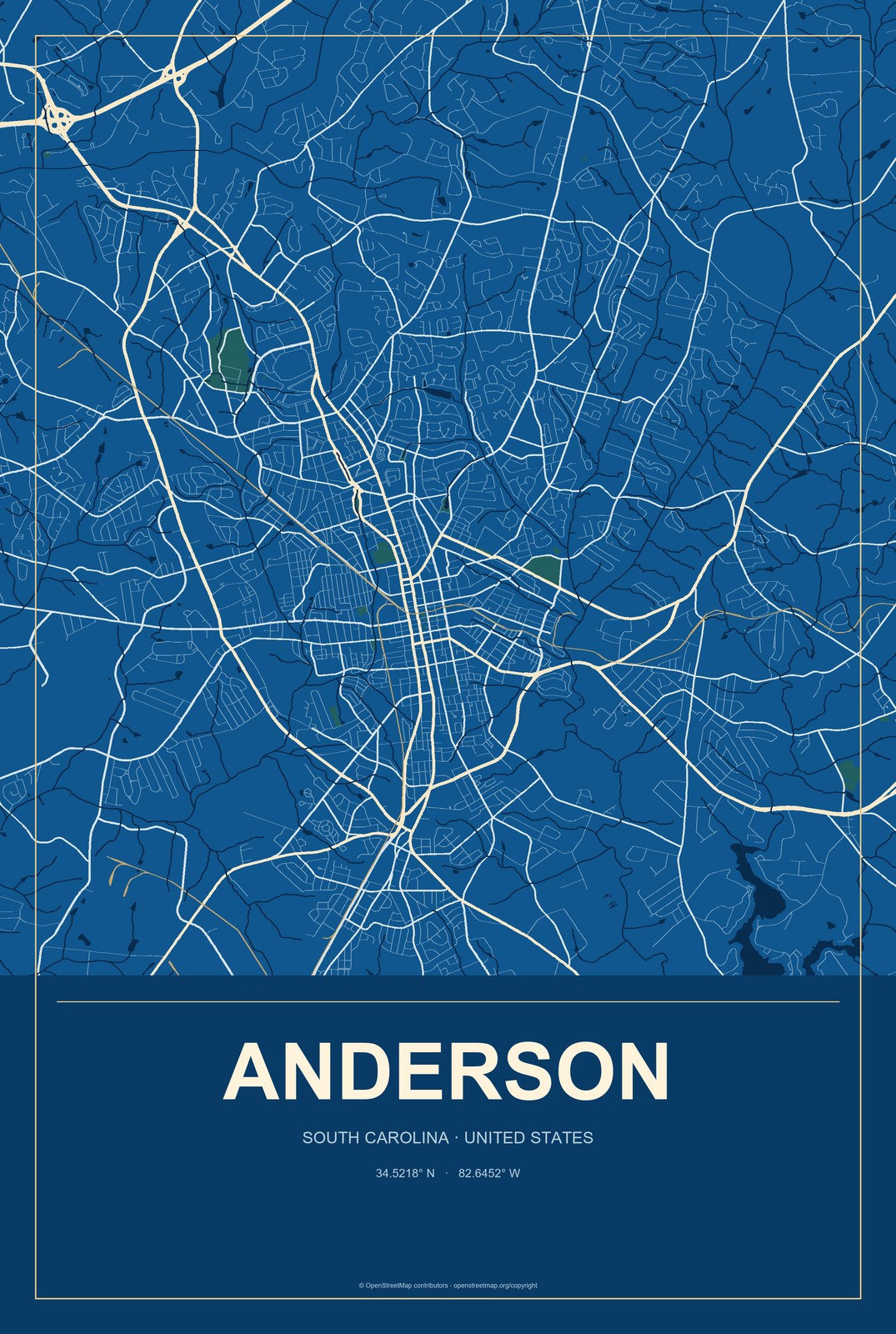 Anderson, South Carolina City Map Aluminum Sign in Harbor Cobalt style