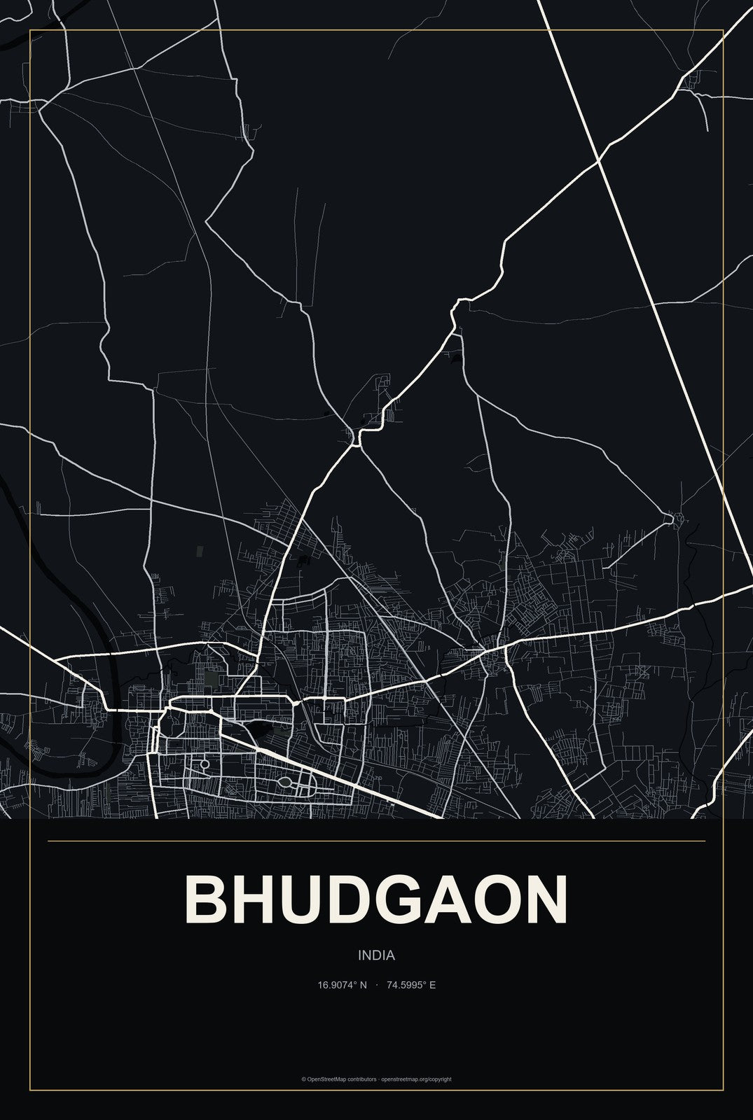 Bhudgaon, India City Map Aluminum Sign in Metropolitan Noir style