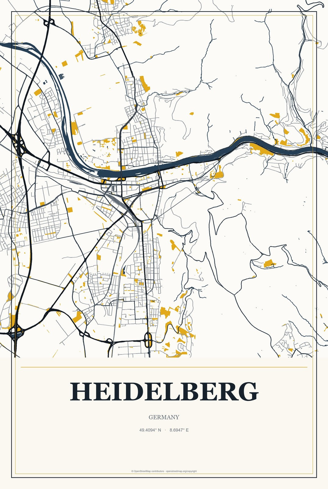 Heidelberg, Germany City Map Aluminum Sign in Citrine Modern style
