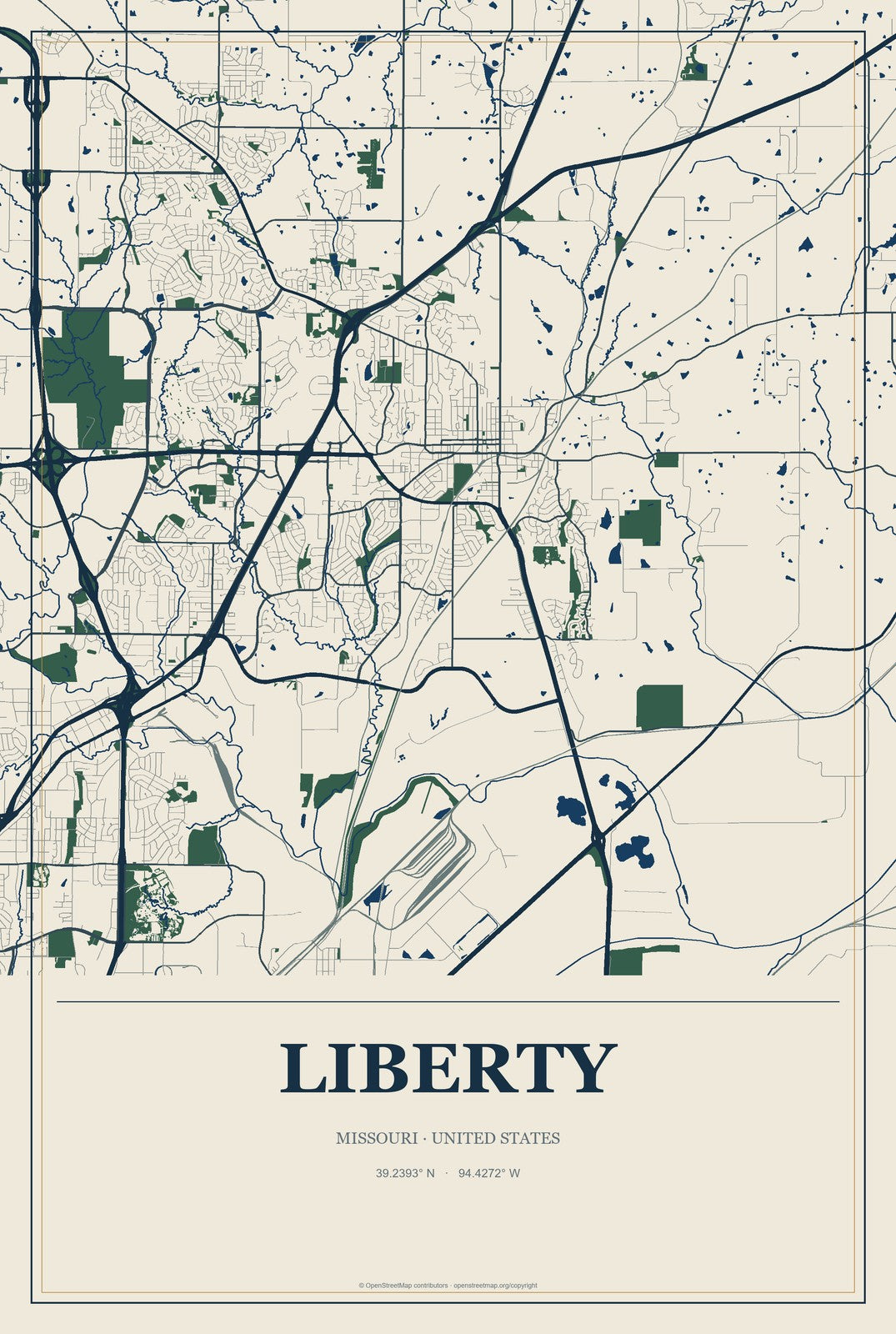 Liberty, Missouri City Map Aluminum Sign in Coastal Cutout style