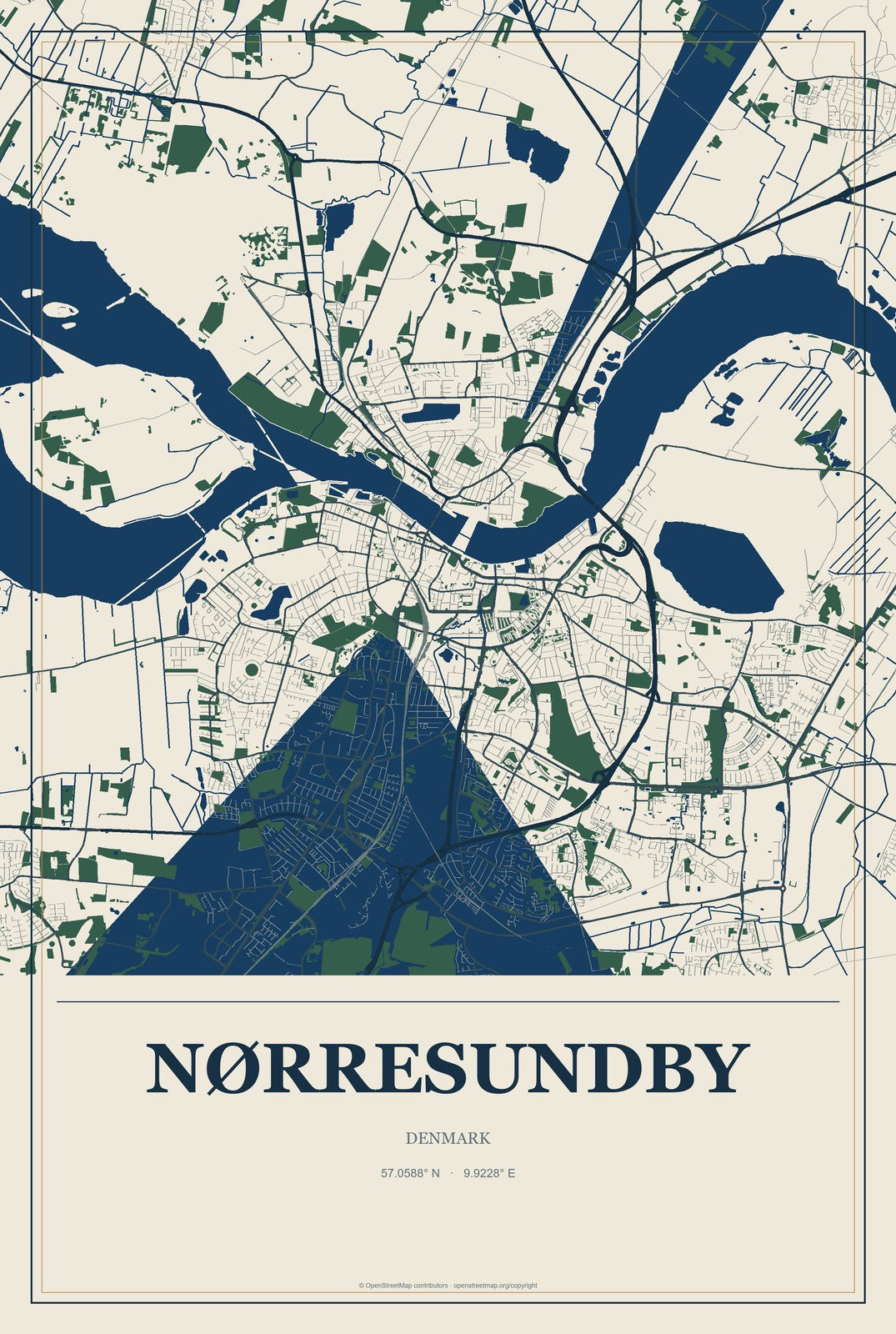 Nørresundby, Denmark City Map Aluminum Sign in Coastal Cutout style