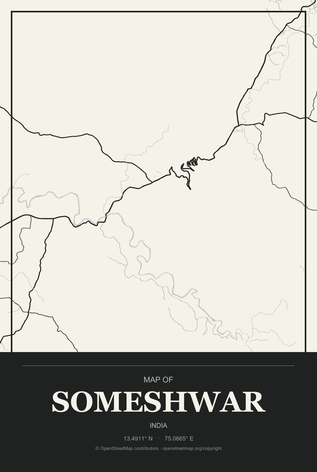 Someshwar, India City Map Aluminum Sign in Museum Plaque style