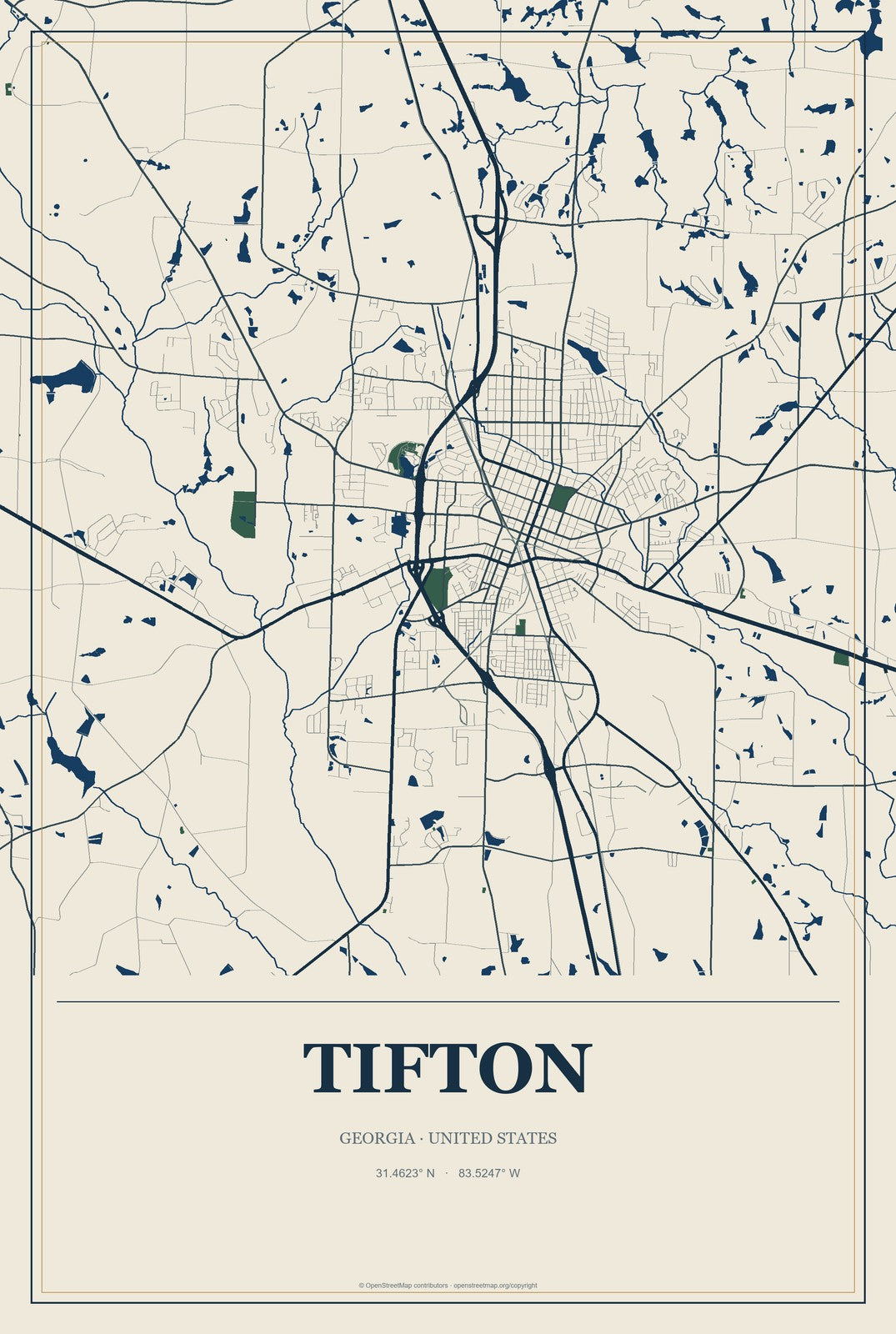 Tifton, Georgia City Map Aluminum Sign in Coastal Cutout style