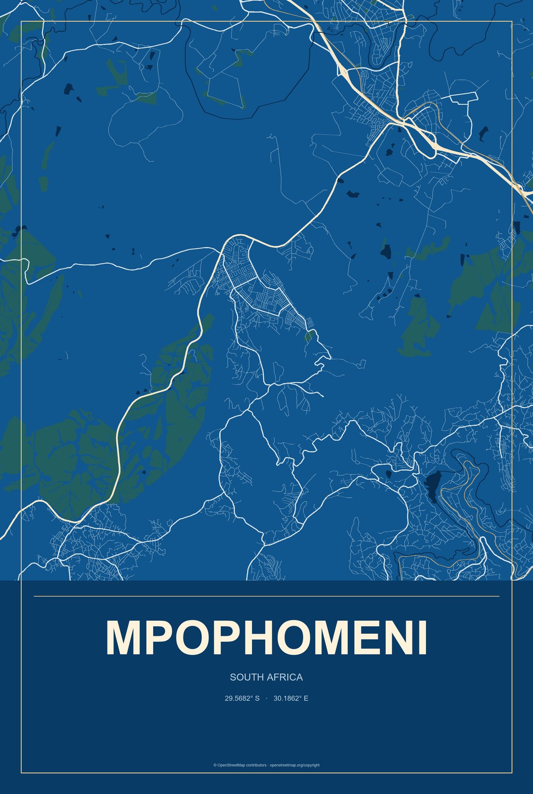 Mpophomeni, South Africa City Map Aluminum Sign in Harbor Cobalt style