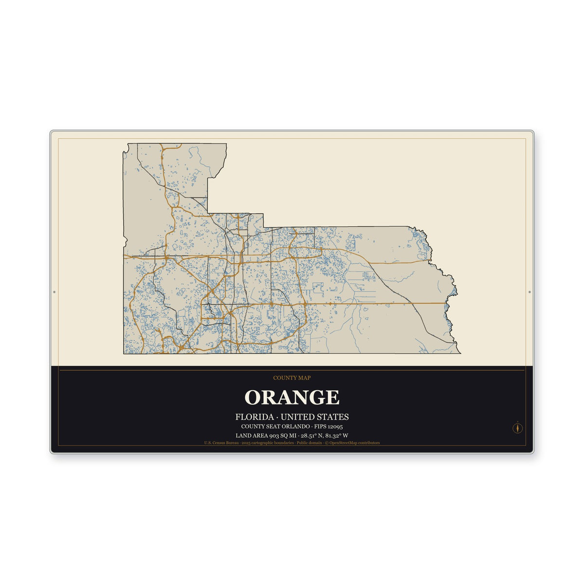 Orange County, Florida Map Aluminum Sign in Museum Plaque style
