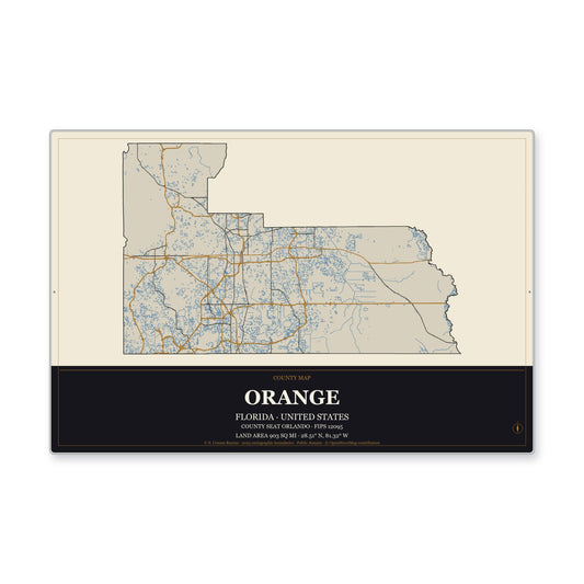 Orange County, Florida Map Aluminum Sign in Museum Plaque style