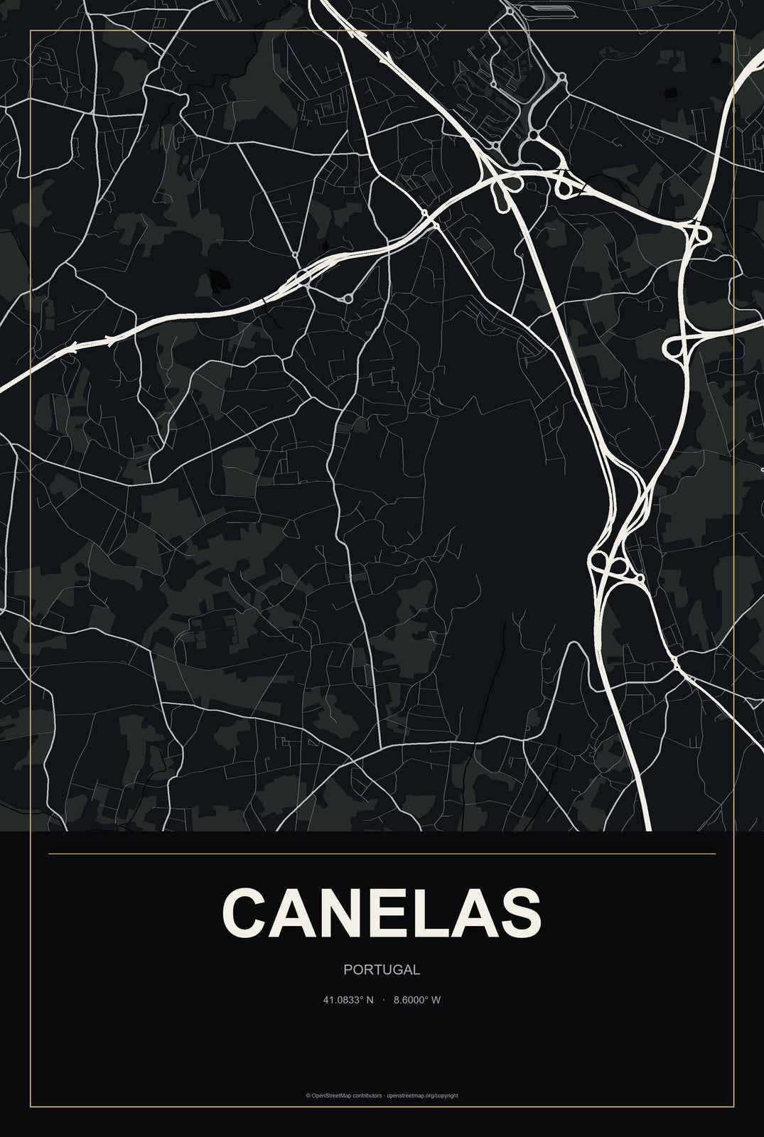 Canelas, Portugal City Map Aluminum Sign in Metropolitan Noir style