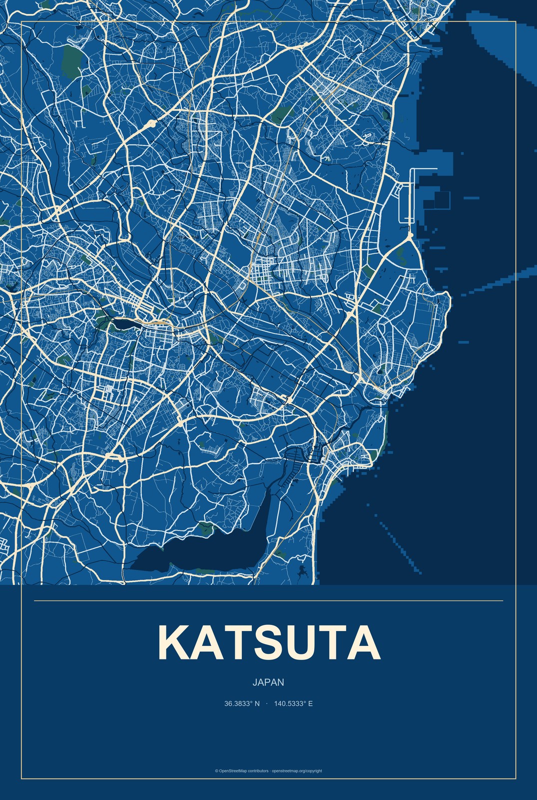 Katsuta, Japan City Map Aluminum Sign in Harbor Cobalt style