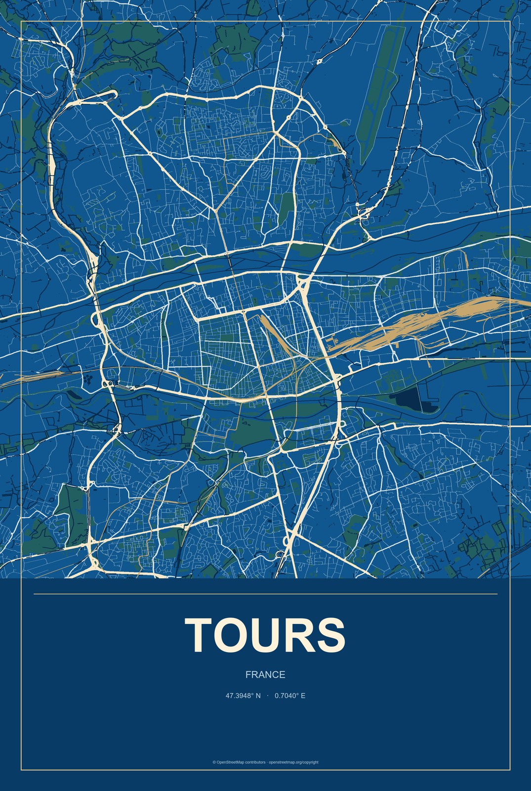 Tours, France City Map Aluminum Sign in Harbor Cobalt style