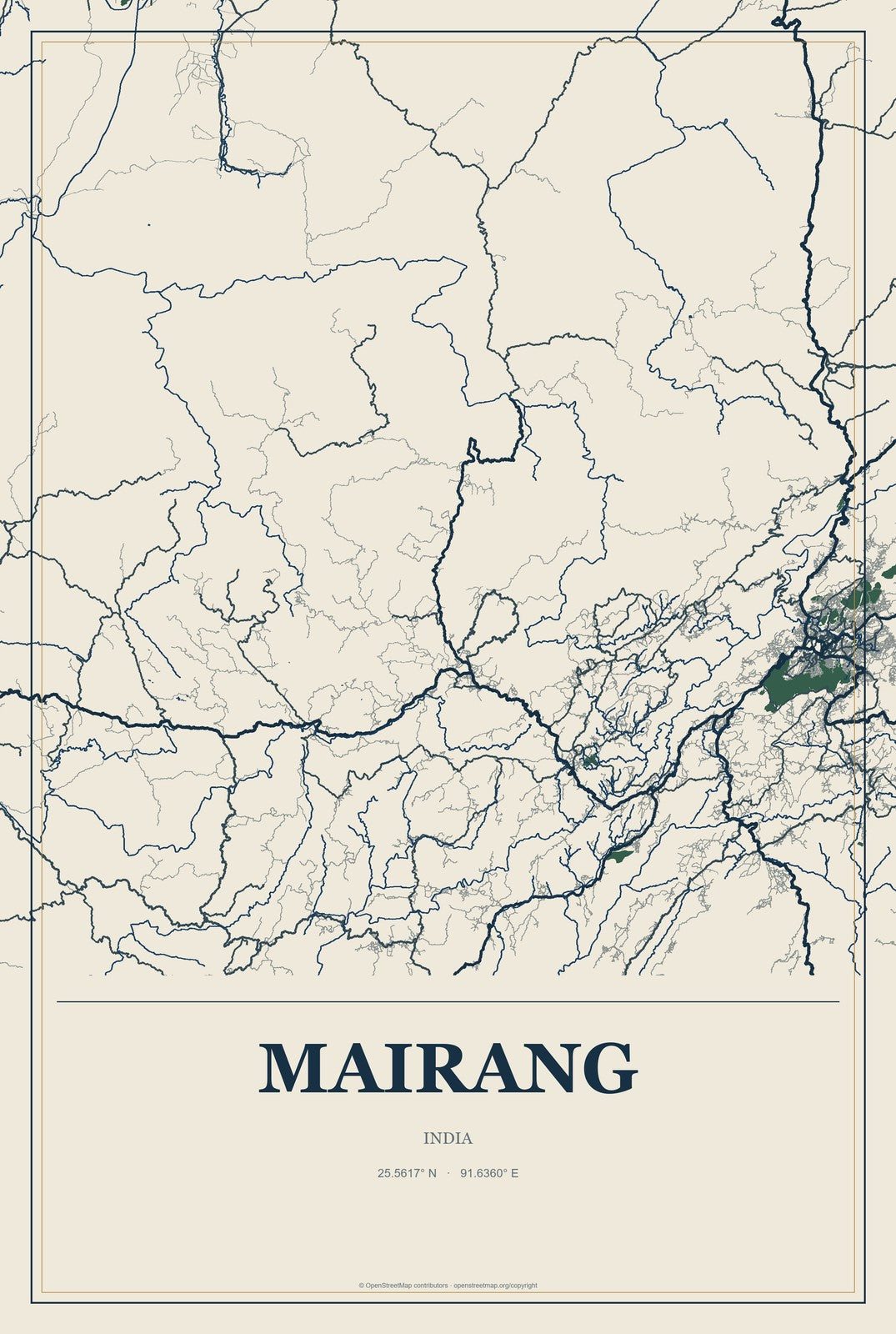 Mairang, India City Map Aluminum Sign in Coastal Cutout style