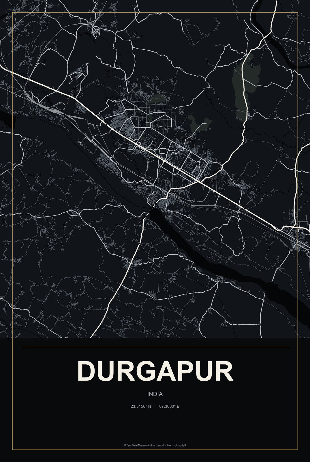 Durgapur, India City Map Aluminum Sign in Metropolitan Noir style