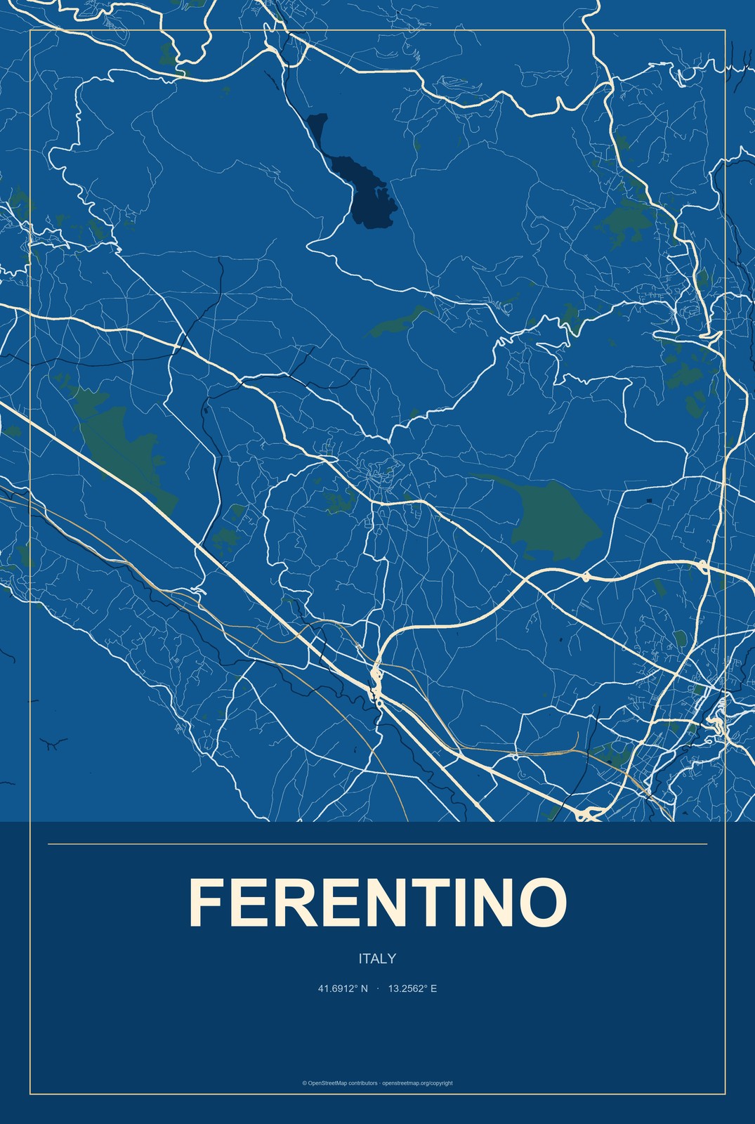 Ferentino, Italy City Map Aluminum Sign in Harbor Cobalt style